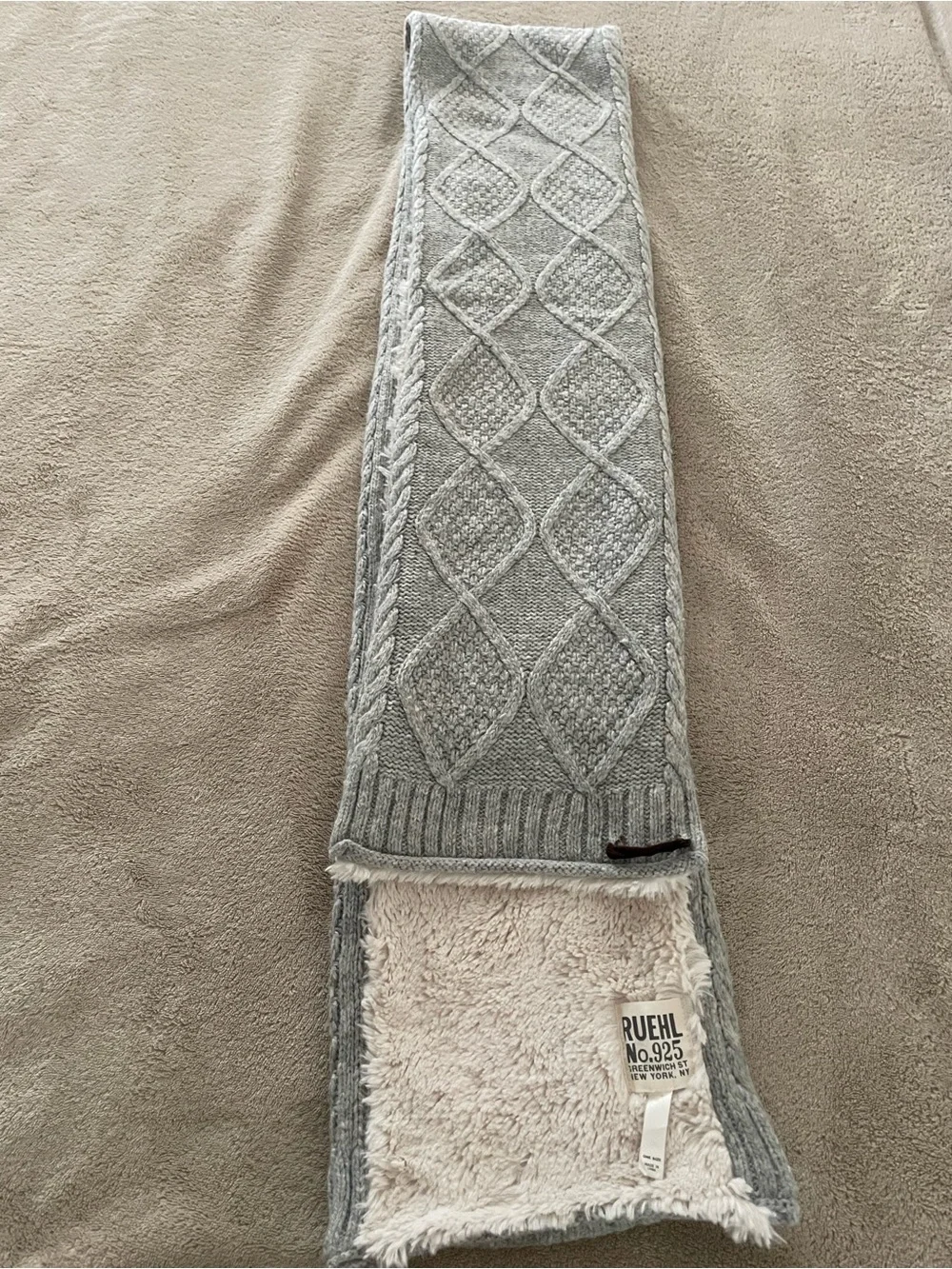 Ruehl No.925 Gray Cable Knit Scarf with Cream Sherpa